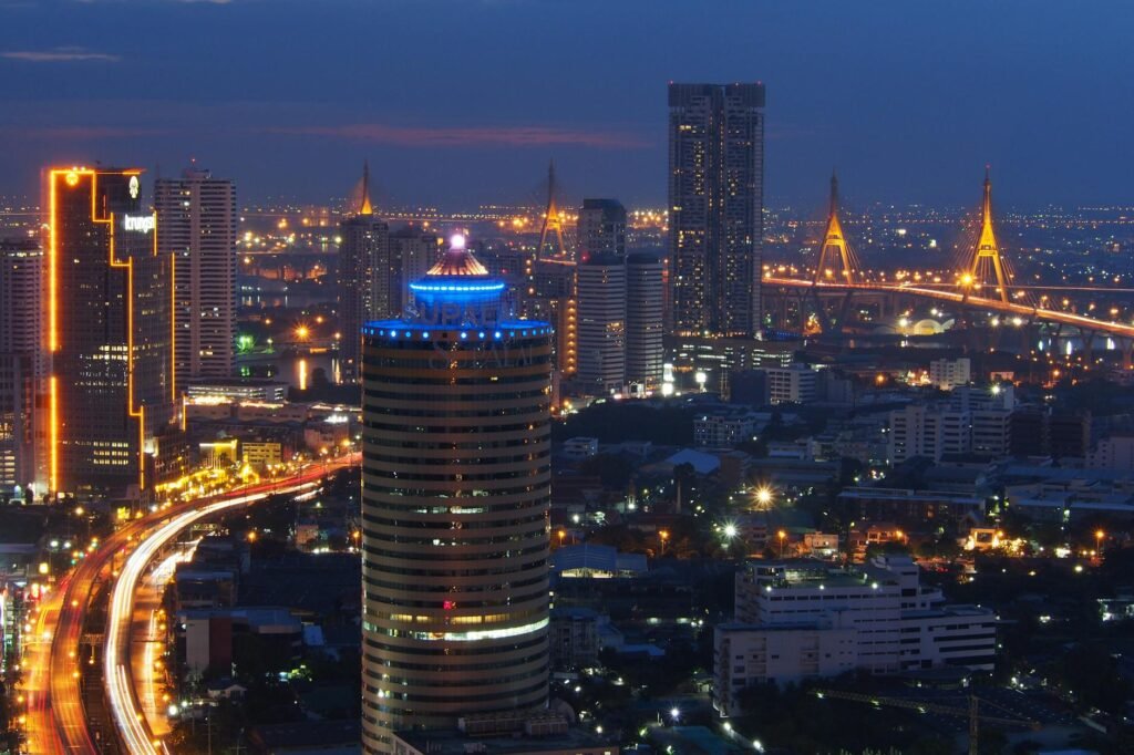 aerial view of city buildings at night