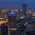 aerial view of city buildings at night