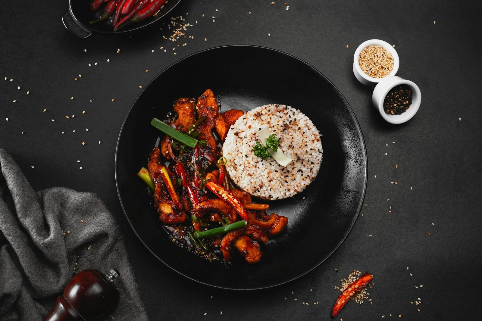 ready to eat meat with rice on a frying pan