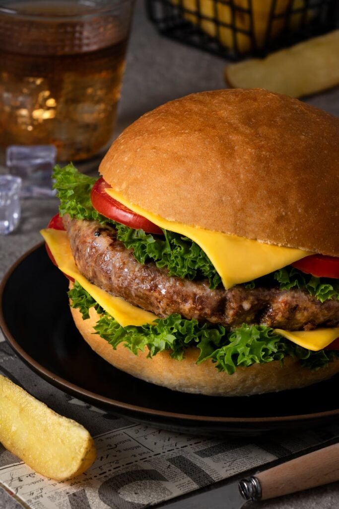 close up of a beef cheeseburger on a plate