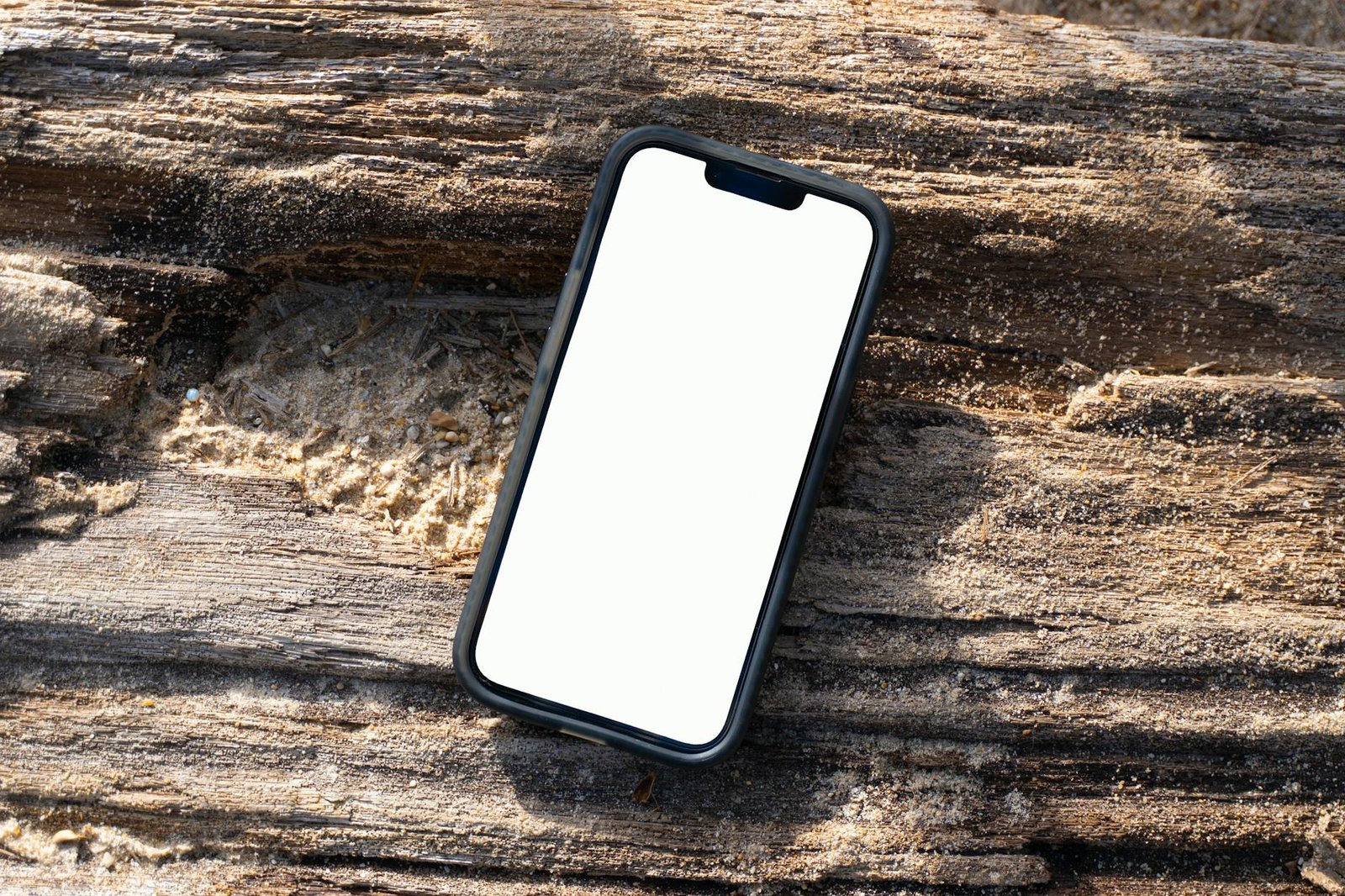 smartphone mockup on sandy log in kamala beach