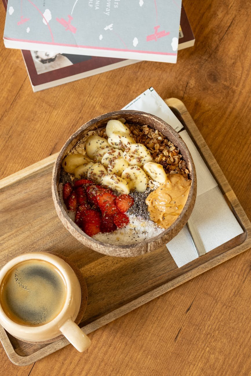 delicious breakfast smoothie bowl with espresso