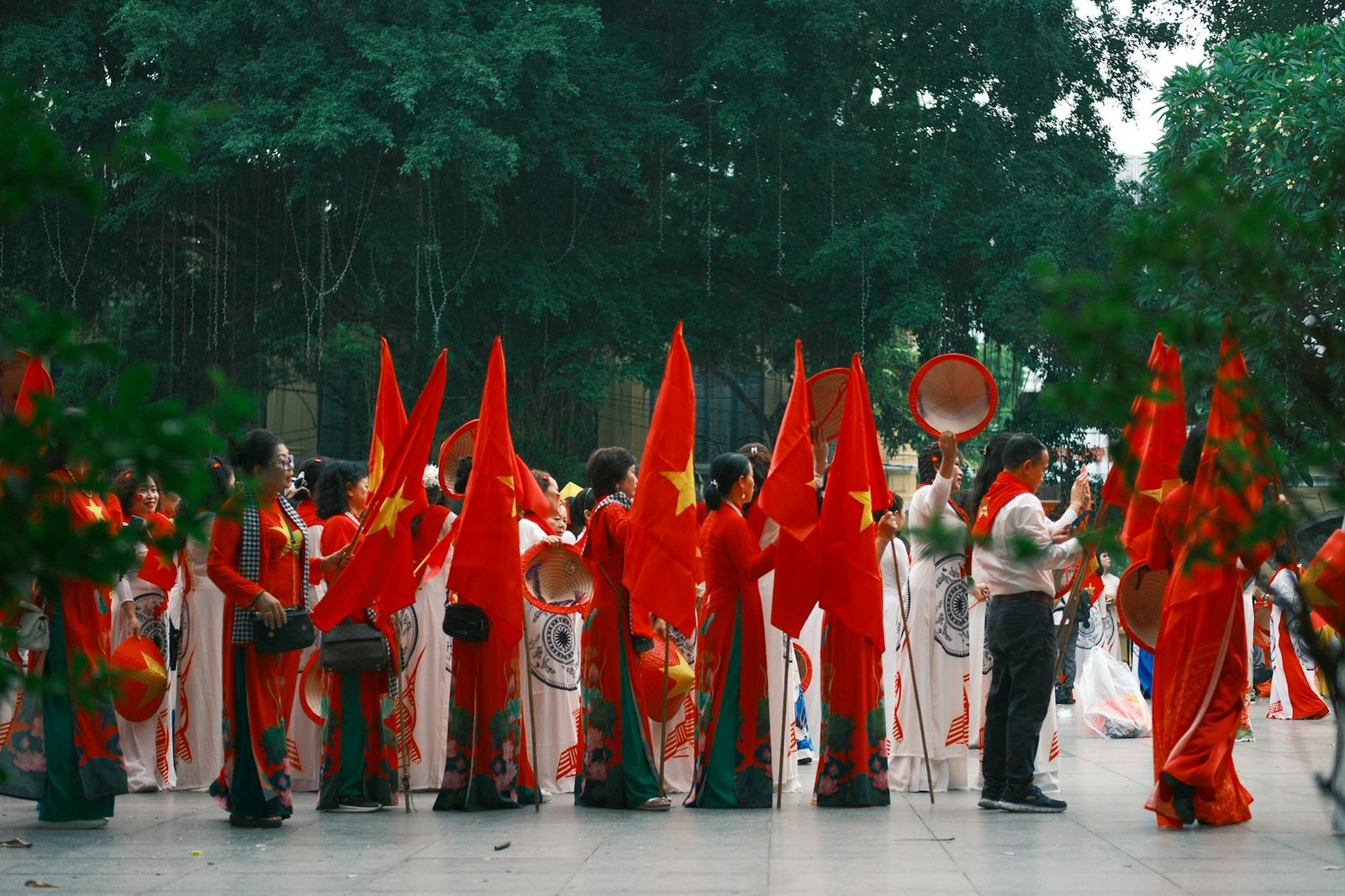 traditional ceremony with red flags in tokyo