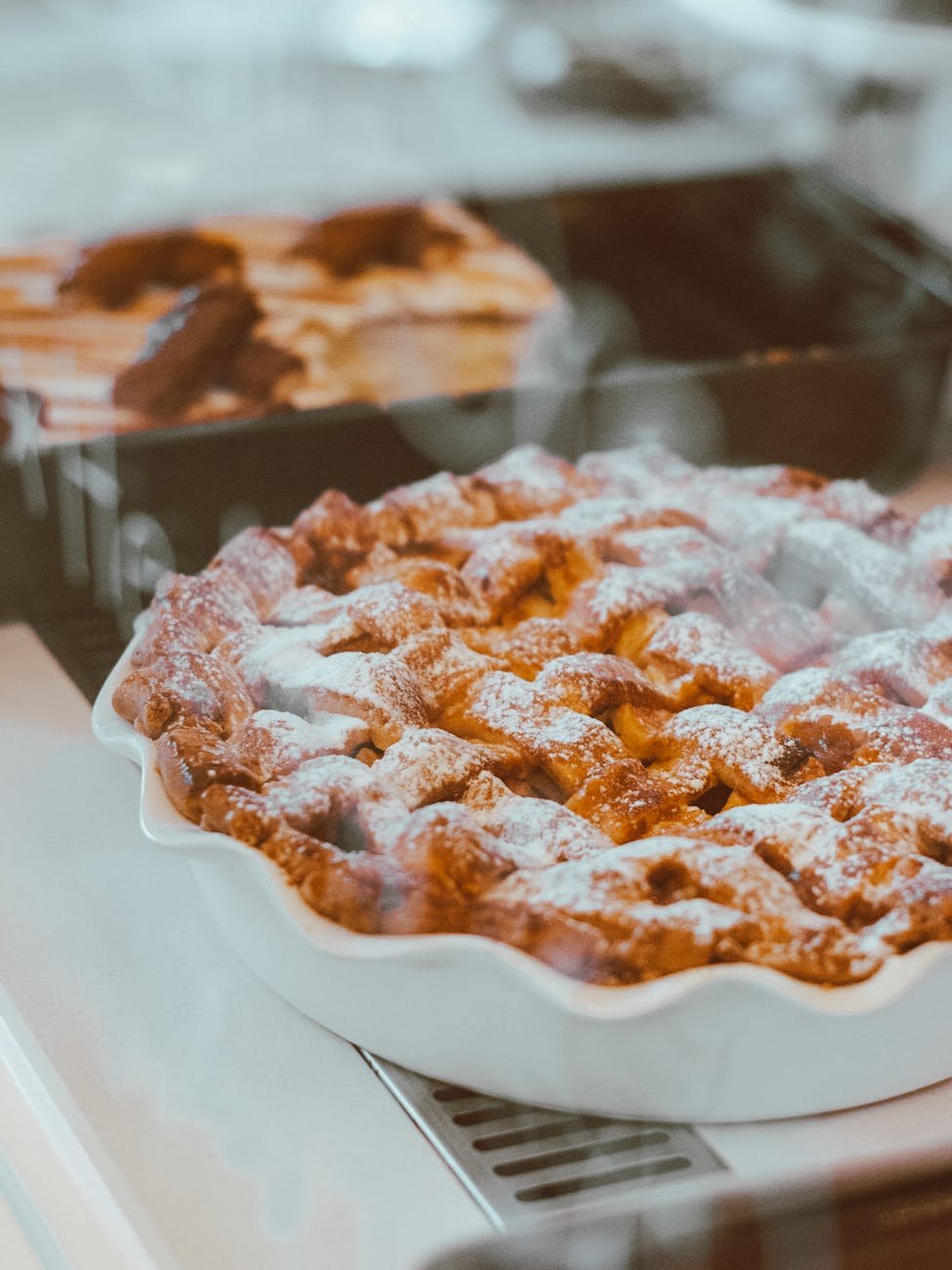 baked pie in white ceramic tray