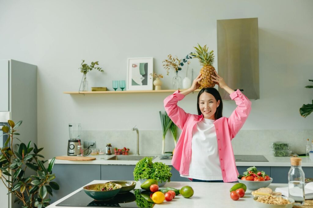 a woman with a pineapple on her head