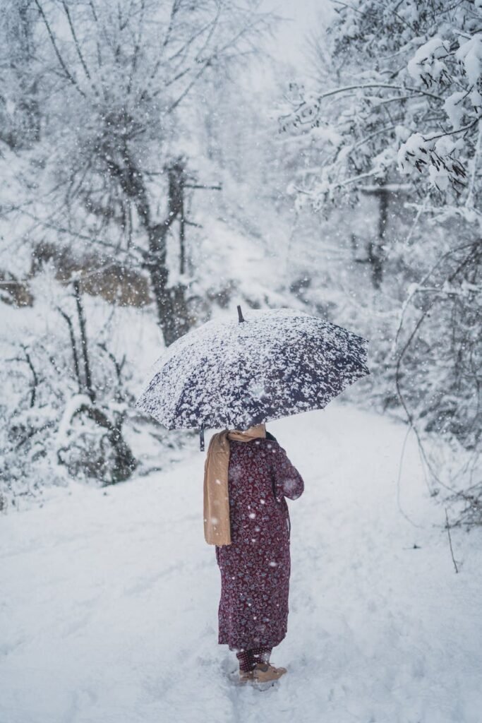 woman with umbrella in forest in snow