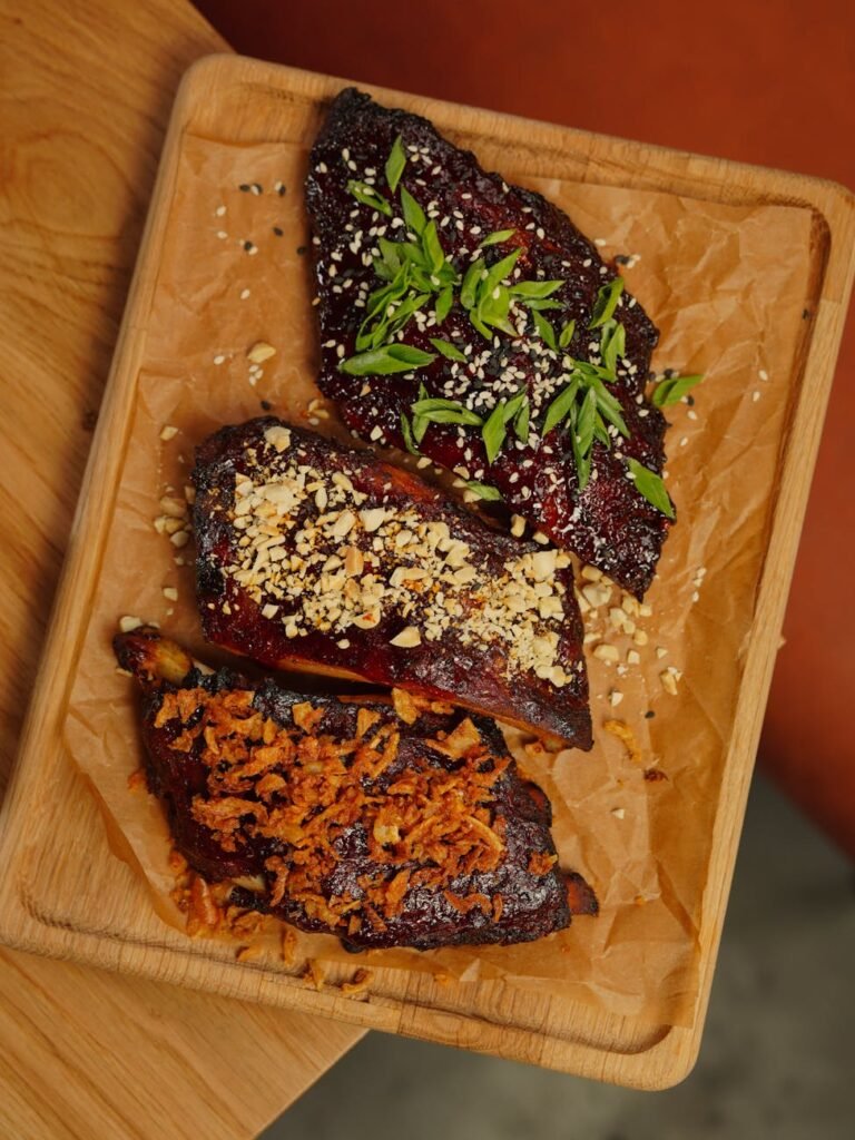meat served on wooden tray