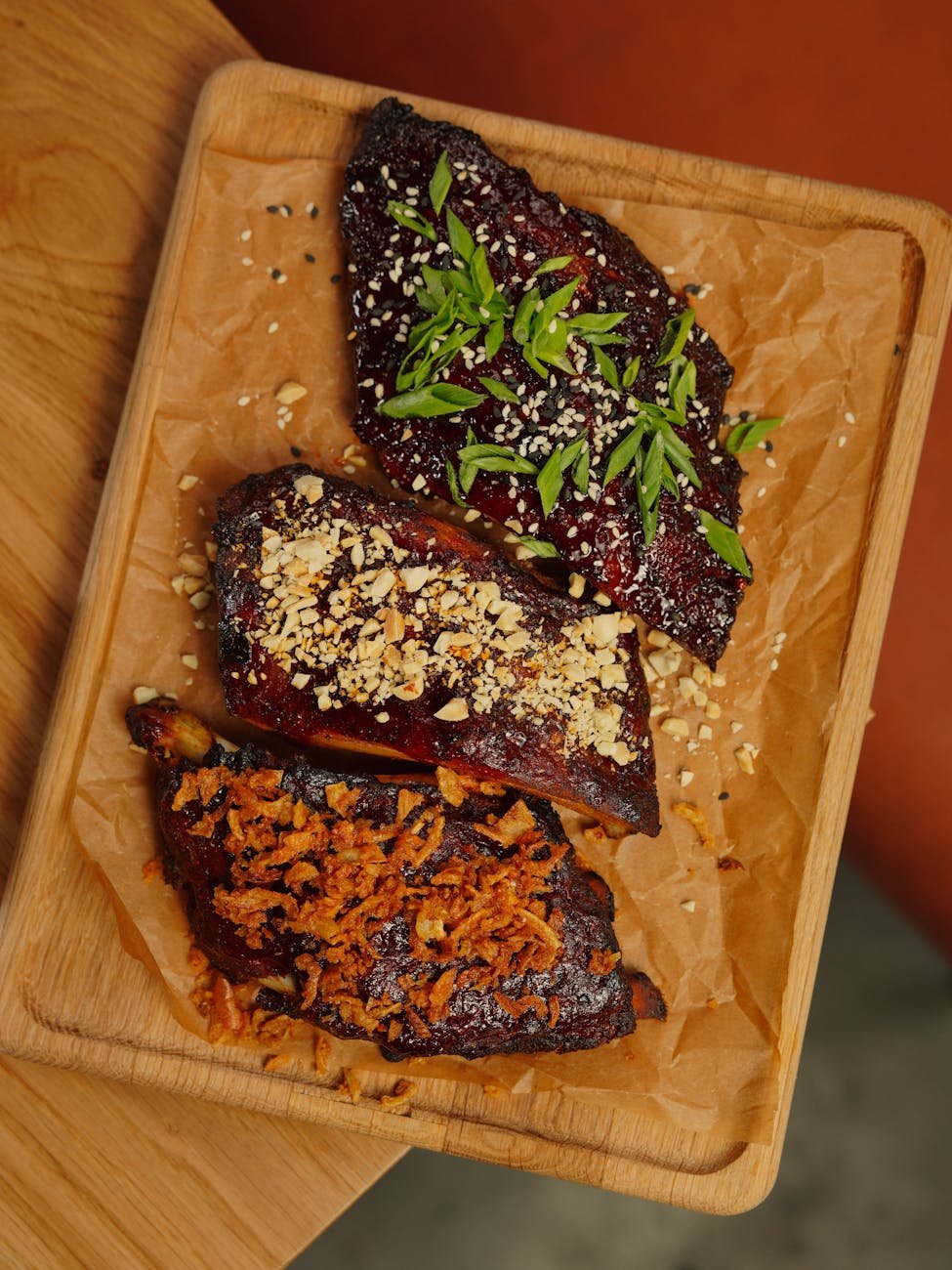 meat served on wooden tray