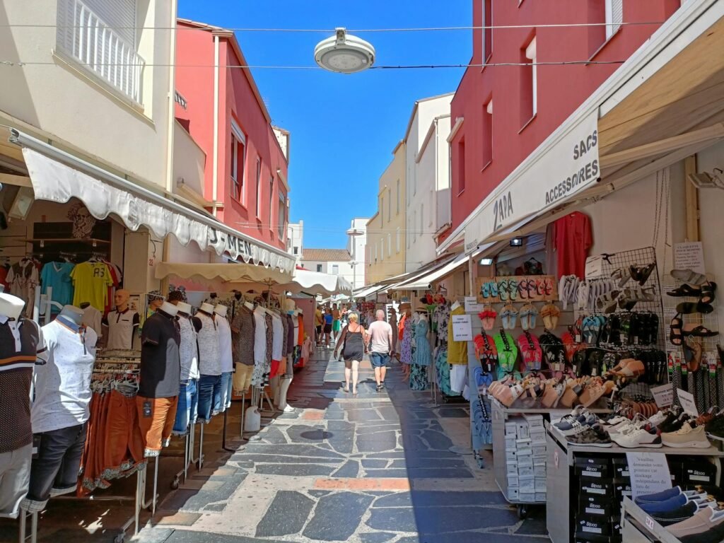 colorful outdoor market street scene in summer