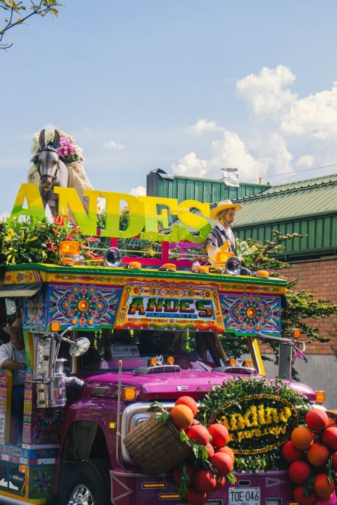 colorful chiva bus at medellin flower festival