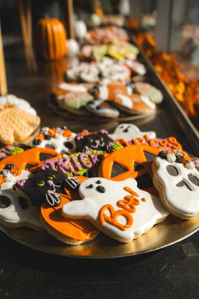 halloween themed cookies with icing decorations