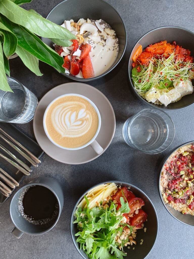 cooked food on gray bowls