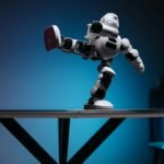 a white robot with leg raised sideways