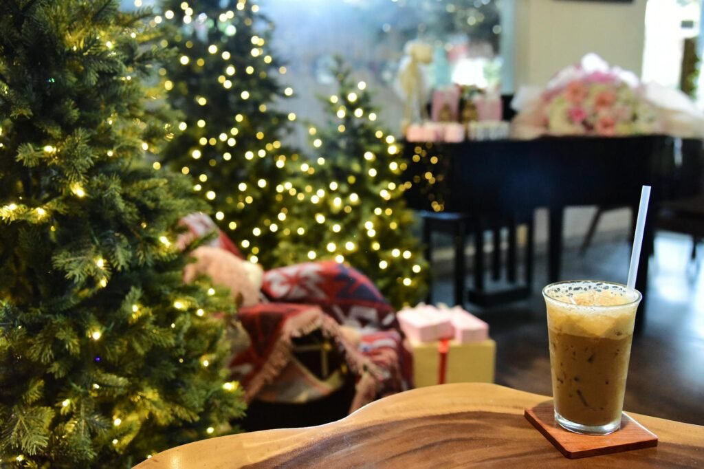 festive christmas scene with iced coffee
