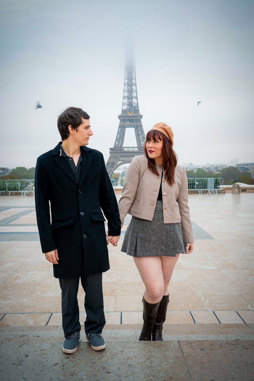 romantic couple near eiffel tower in paris