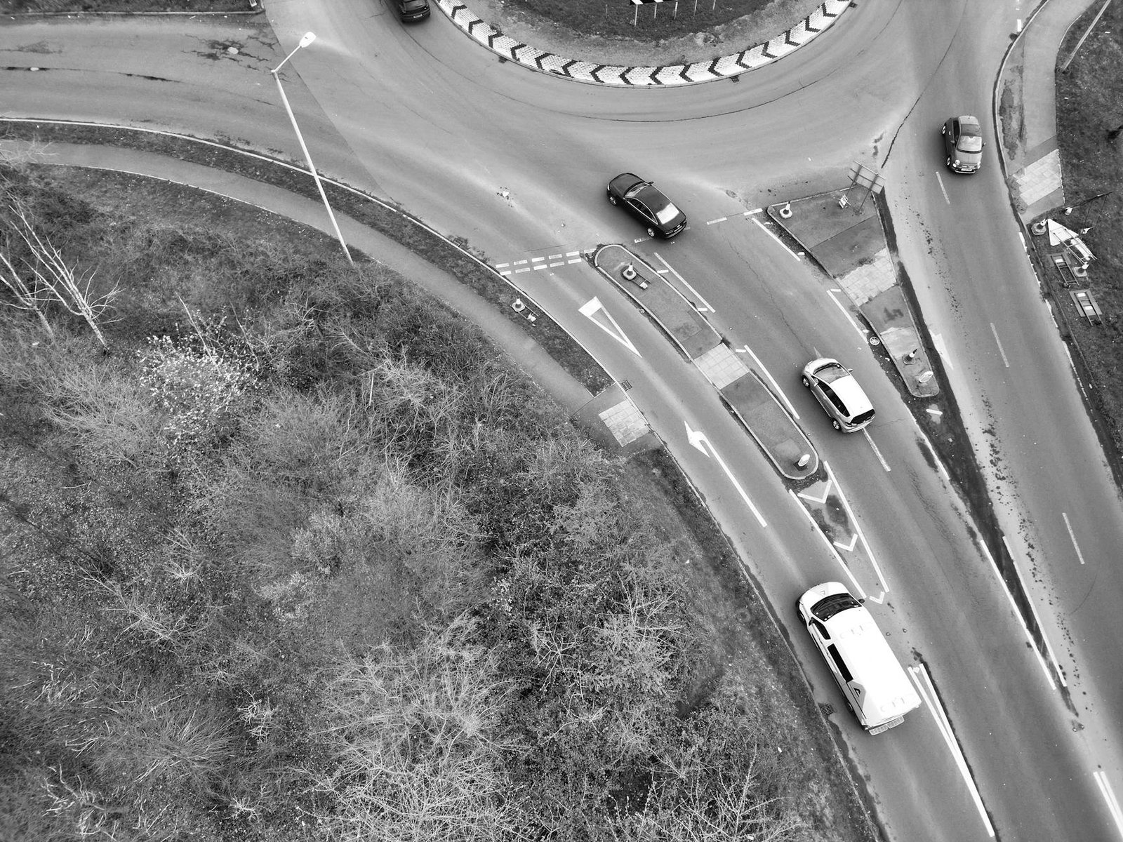 aerial view of roundabout in black and white