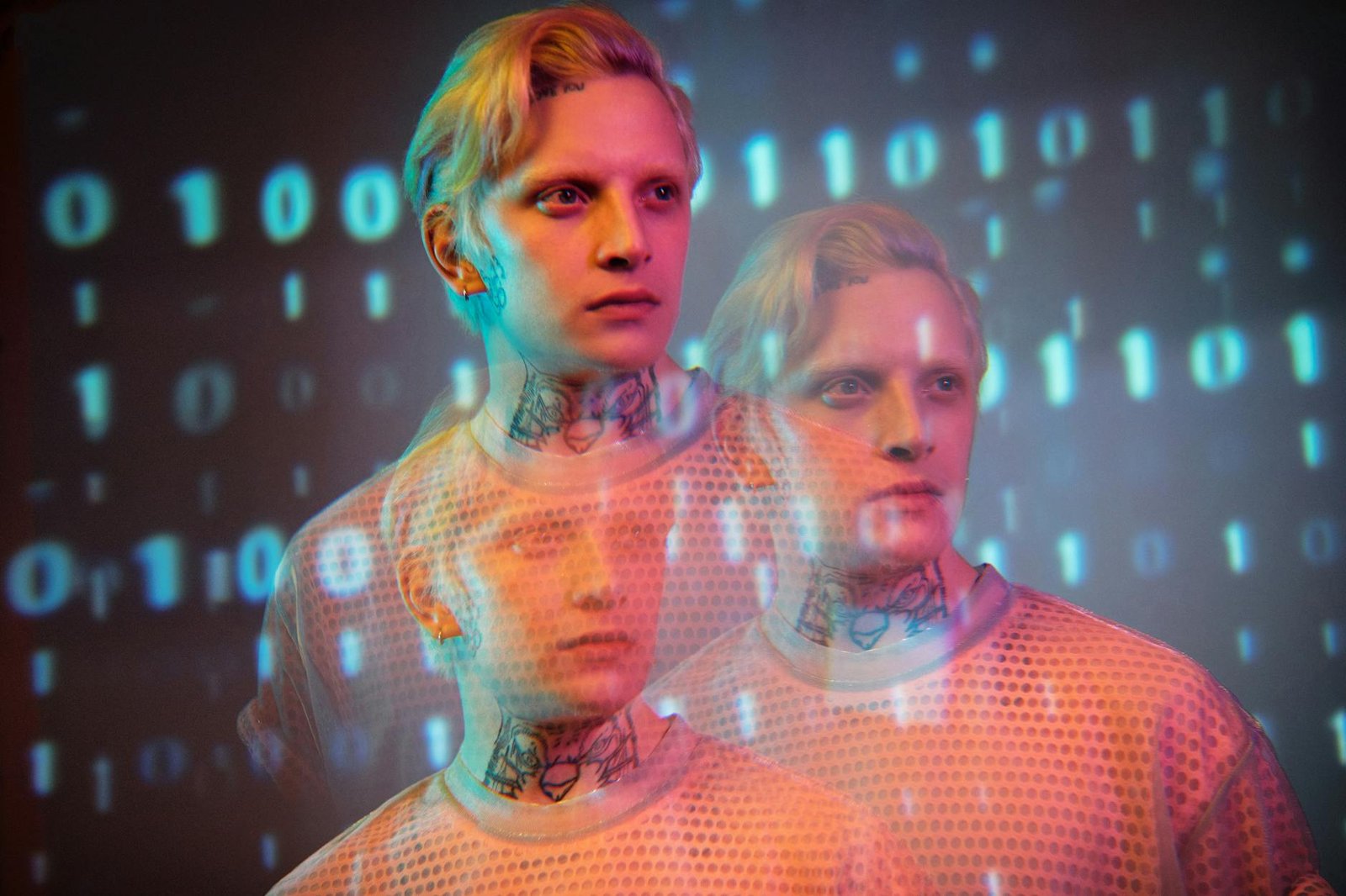 blonde model against binary code