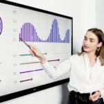 woman in white dress shirt standing beside projector screen