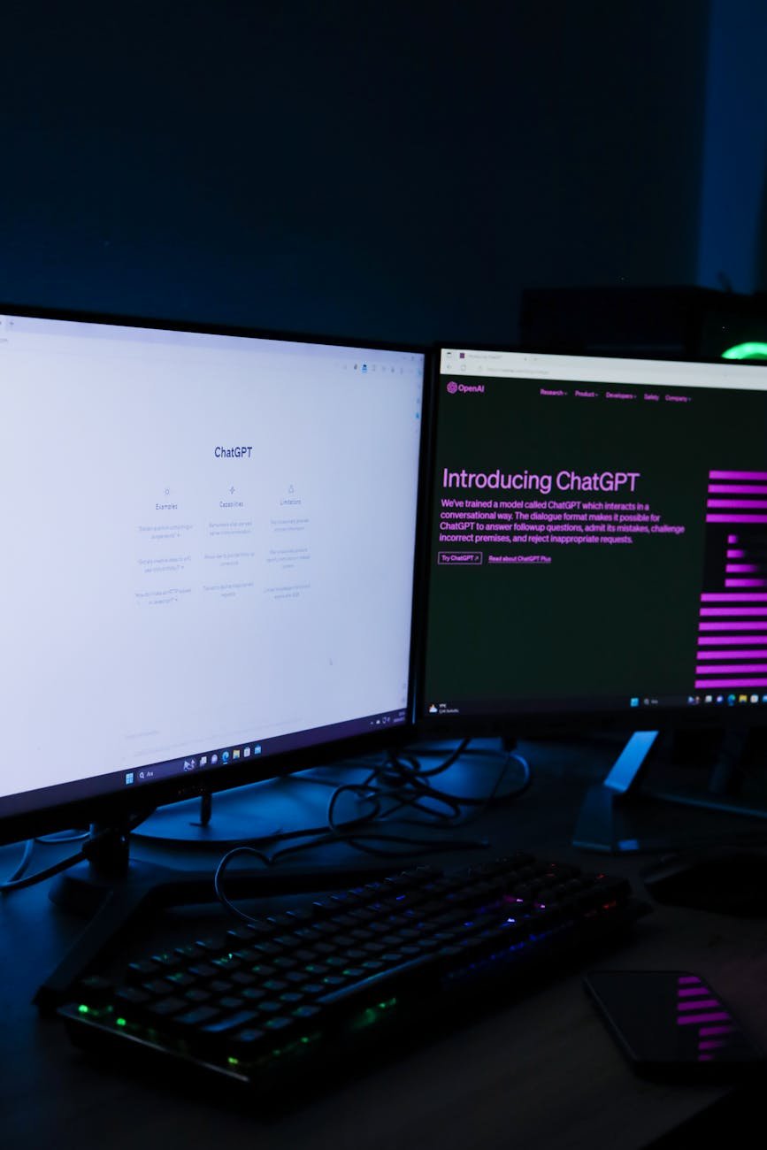 computer with two monitors displaying chatgpt