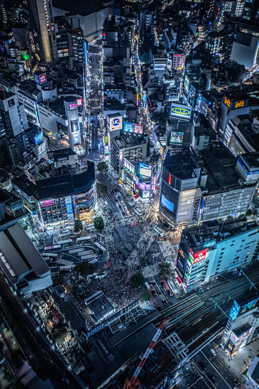 aerial view of shibuya in tokyo japan at night