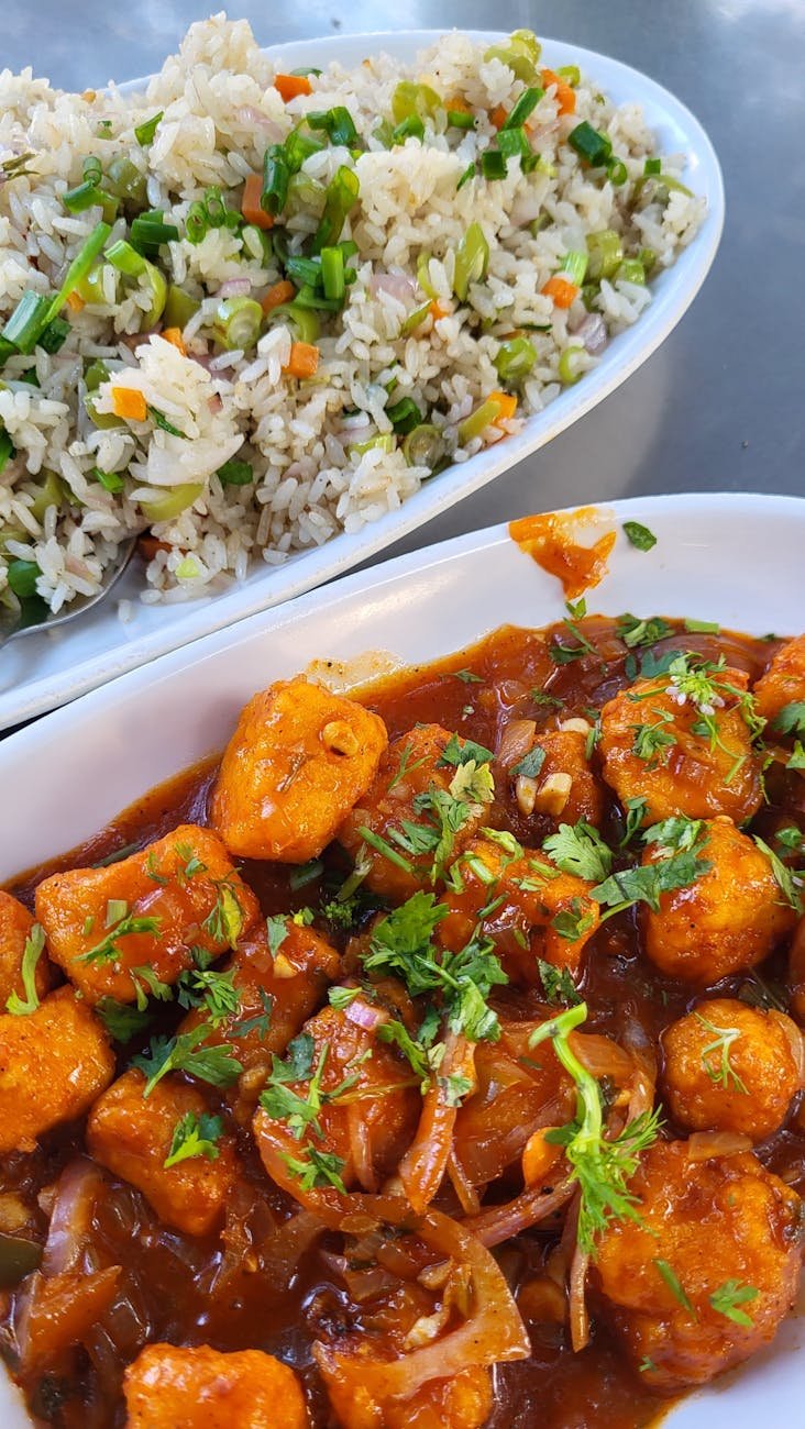 delicious indian chinese fusion meal with paneer