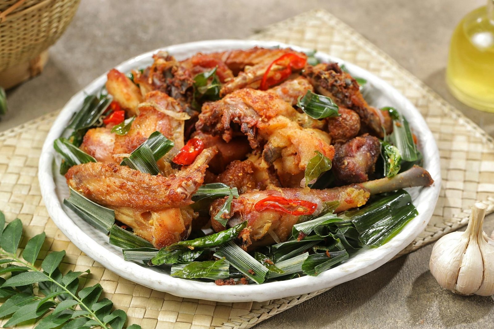 spicy crispy chicken dish with herbs and chili