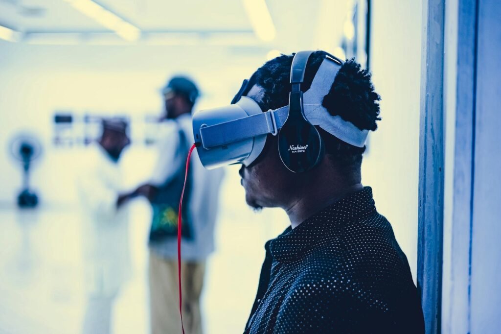man experiencing virtual reality indoors