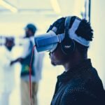 man experiencing virtual reality indoors