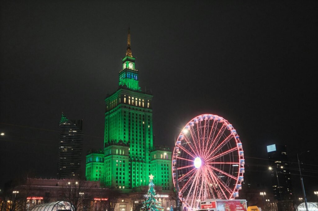 night view of palace of culture and science in warsaw