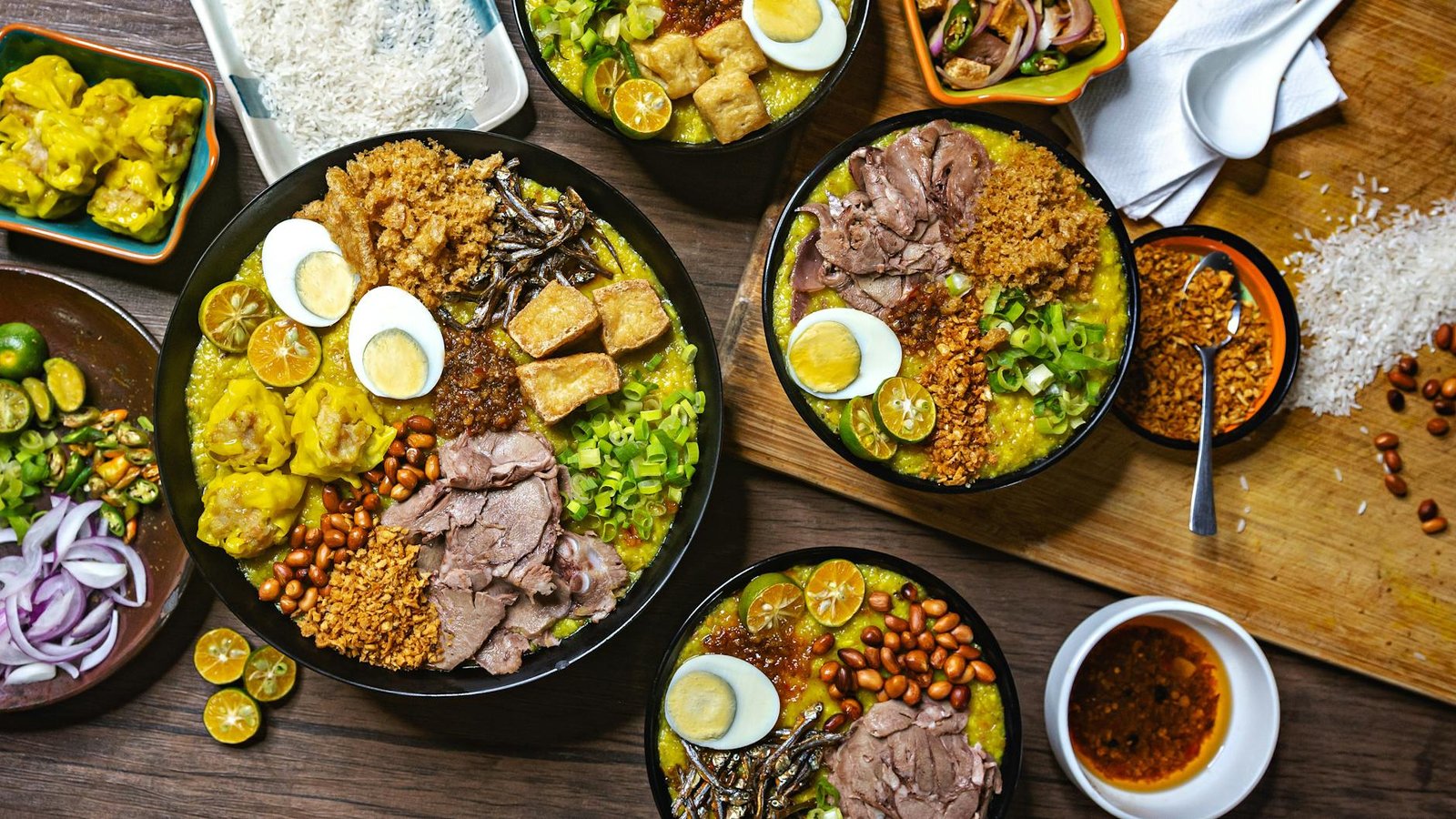 cooked dishes on wooden table